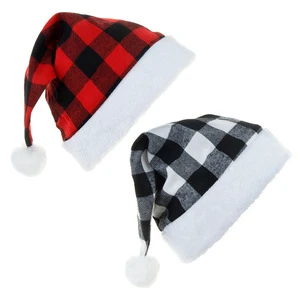 New Arrivals Christmas Party Decorations Red Black and White Checkered Santa Hats Plastic Plush Plaid Holiday Hats