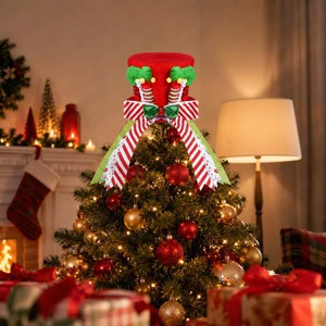 Whimsical Christmas Tree Topper Red Velvet Top Hat With Elf Feet Striped Bow Festive Xmas Ornament Home Holiday Party Made China