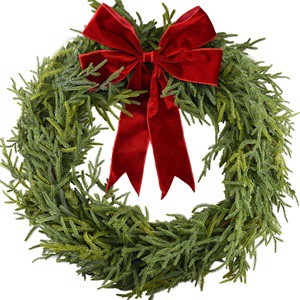 24 Inch (60cm) Christmas Wreath with Large Red Velvet Bow Artificial Evergreen Front Door Wreath