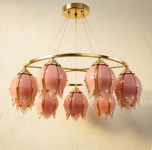 Tiktok Viral Pink Tulip Floral LED Chandelier 7 Lights Gold Frame Stained Glass Pendant Light Bedroom Wedding Decor Ceiling