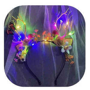 Christmas Deer Antler Hair Band LED Headband with Flowers Antler Hair Hoop Flower Hair Accessories for Party Cosplay Costume