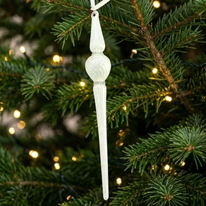 Cream White Glitter Vertical Ribbed Round Ball Icicle Glass Christmas Ornament, Long Style Xmas Tree Hanging Decoration