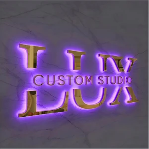 LED Backlit Signage Mirror Brushed Stainless Steel for Buildings Office Signs with Gold Finish and Weddings Remote Control