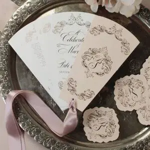 Wedding Program Fans Blush and Cream Gold Fan Programs Luxury Foil Monogram with Ribbon