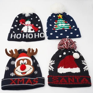 Custom Logo Winter Hats Christmas New Winter Beanies Velvet Fur Pom Poms Lined Girls Knitted Christmas Hats Beanies Hat Santa