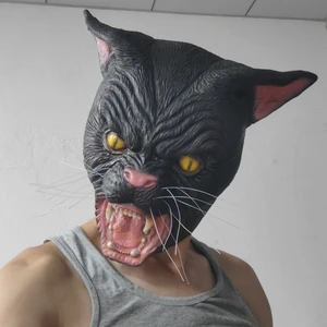 Realistic Black Cat Latex Mask with Golden Eyes Pink Nose Long Whiskers Sharp Teeth for Halloween Cosplay Costume Parties