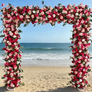 Square Rose Red and Pink Silk Flower Arch Durable & Eco-Friendly 8-9ft Height for Showroom and Wedding Decorations