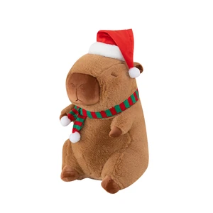 Christmas Capybara Plush Toy With Santa Hat & Red Green Striped Scarf Soft Fluffy Rodent Stuffed Holiday Gift
