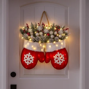 LINGKAI Eco-Friendly Artificial Lighted Red Snowflake Christmas Wreath With Pine Cone Berry For Front Door Hanging