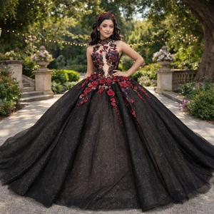 Jancember 1250 Illusion Halter Black Empire Quinceanera Ball Gown Dress with Red Flower