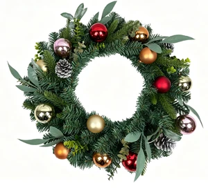 Luxury Eco-Friendly Artificial Pine Branches Christmas Wreath with Colorful Ornaments and Pinecones for Indoor Holiday Decor