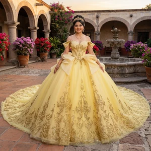 Jancember 1331 Elegant Yellow Gold Sequin Ball Gown Quinceanera Dresses Off-Shoulder Glitter Tulle Puffy Sweet 16 Dress