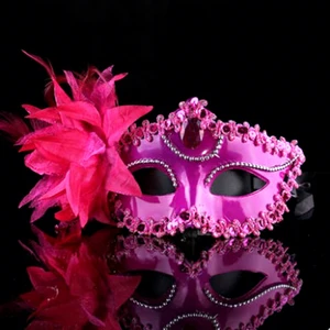 Red Pink Funny Costume Cosplay Mask Venetian Carnival Masquerade Mask Feather Party Mask for Party Supply Halloween Xmas Decor