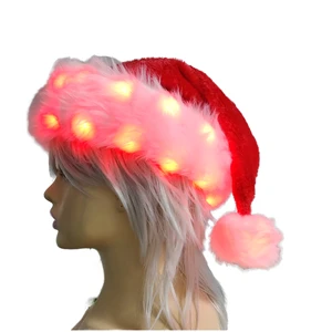 Classic Red Santa Hat with LED Lighting Fluffy Trim and Pom Pom for Holiday Celebrations and Gifts