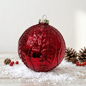 Red Glitter 3D Embossed Leaf Pattern Glass Christmas Baubles, Xmas Tree Hanging Ornaments