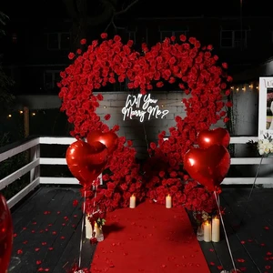 X888 2025 Wedding Faux Decorated Flower Metal Arch White Pink Red Rose Flowers Heart Shaped Wedding Arch For Wedding Background