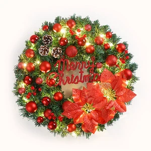 Merry Christmas Artificial Wreath 40 50 60cm Green with Red Ball Flower Ornaments and LED Lights Christmas Door Wreath