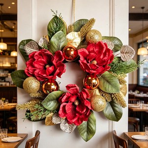 LINGKAI 38cm Artificial Christmas Wreath Poinsettia Xmas Ball Eco-Friendly Plastic Modern Design For Front Door Xmas Party