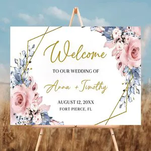 Pink Roses Wedding Reception Welcome Sign Welcome to Our Wedding Sign With Stand Floral Wedding Entrance Signs