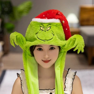 Christmas Grinch Plush Hat with Moving Airbag Ears 100% Cotton Unisex Casual Winter Hat