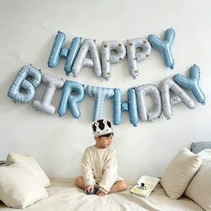 16-inch English Happy Birthday Letter Aluminum Foil Balloons with Bow-Style Design Blue Pink for Party Decoration