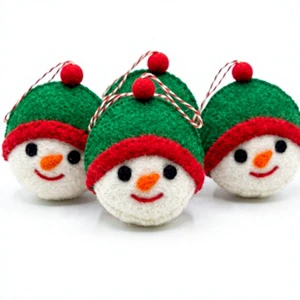 Handmade Eco-Friendly Snowman Face Ornament Green Red Hat Certified Wool Christmas Tree Decoration Indoor Holiday Decor