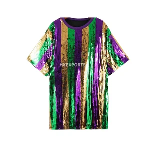 Handmade Mardi Gras Sequin T-Shirt Purple, Green, and Gold Glitter Party Top for Festivals and Celebrations