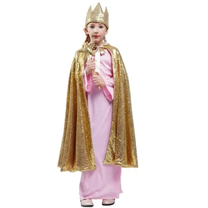 Halloween Christmas Party Fairy Princess Costume Glitter Sequin Kids Full Length Gold Shiny Cape Cloak for Girls Custom Sizes