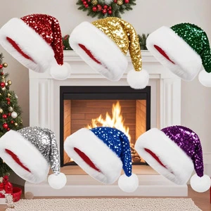 2026 New Christmas Decorative Hat Double Pink Sequins Plush Hat Christmas Santa Hat for Adult