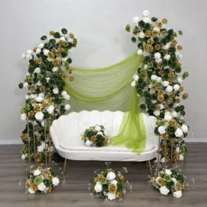 DKB Special Series Artificial Flower Decor Set Artificial White Green and Gold Horned Flower Arch Wedding Arch Decoration