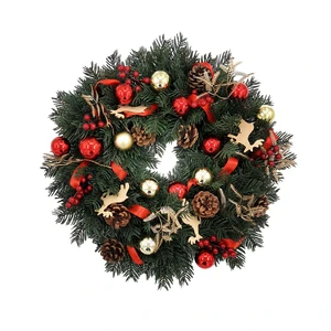 Artificial Christmas Pine Wreath With Red Gold Ball Pine Cone Berry Reindeer Decoration For Front Door Holiday Home Deco