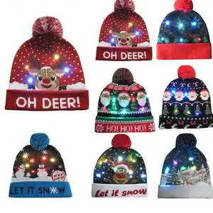 In Stock Custom Knitting Kids Adult Led Christmas Santa Claus Hat With Lights for Children