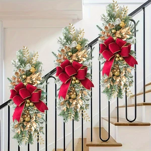 Eco-Friendly Upside Down Staircase Christmas Wreath Velvet Bows Hanging Decor with Flocking Snow for Stairs