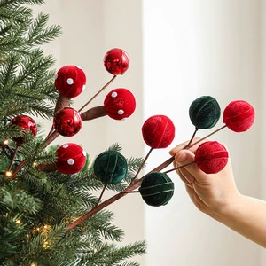 Christmas Tree Velvet Ornaments Ball Picks for Christmas Tree Decoration Branches Burgundy Berries Stems for Wreath Arrangements