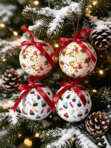 Christmas Ball Ornament Set, Reindeer Gift Candy Dessert Pattern Foam Christmas Tree Hanging Decoration with Red Ribbon