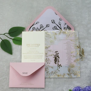 Factory Price Gold Foil Floral Vellum Wedding Invitation Custom Blush Pink Luxury Handmade Lined Envelope Invitation Card