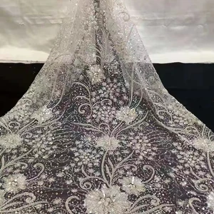 Heavy Shiny Lace Fabric Factory Price Crystal Sequins Bridal Luxury Embroidery Beads Wedding Tulle White Beaded Lace Fabric