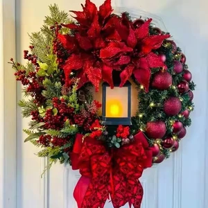 High Quality Handicraft Christmas Decorations Jesus Xmas Oil Lamp with Navidad Flowers Wreath Door Hanging