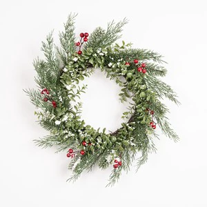 Christmas Wreath Synthetic Rattan Red Berries Pine Needles 30cm Diameter Traditional Wall Hanging Festive Garlands Made Italy