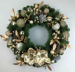Handmade Golden Christmas Wreath with Wooden Rattan Decorative Balls and Flowers for Front Door Fireplace Wedding Decoration