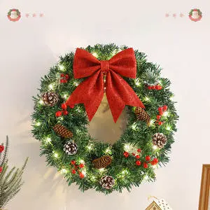 Bangni 40cm 50cm 60cm Indoor PE Christmas Wreath & Garlands with Pine Cones Bow LED Lights-Tabletop Mount