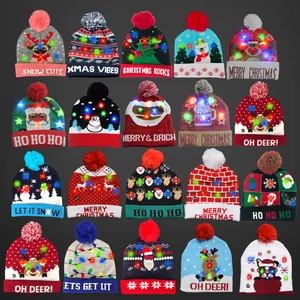 Christmas Hat LED Light up Beanie Knit Hats Long Pattern Winter Snow Hats Cap for Adults and Kids Party Favors