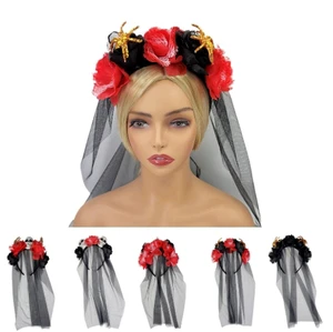 Modern Plastic Rose Flower Head Spider Face Veil Hairband for Halloween Dance Party & Day of Dead Festival Costume