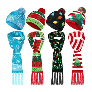 FF1539 LED Light up Christmas Knitted Beanie Scarf Set Xmas Holiday Party Flashing Beanie Cap Gorros De Navidad Christmas Hat