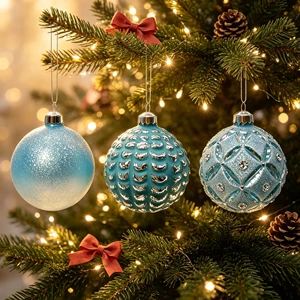 Light Blue Handmade Embossed Diamond Lattice Glitter Glass Christmas Ball Ornaments, Xmas Tree Hanging Decorations