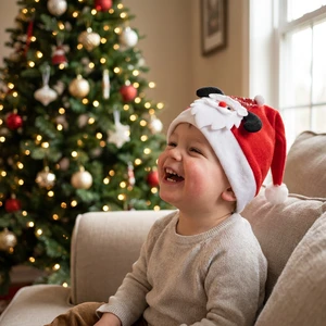 JIAXUN Christmas Santa Hat with Cute 3D Doll Embossed Felt Modern Classic Fit Holiday Party Costume for Boys Girls Adults