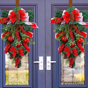 LINGKAI Christmas Teardrop Swag Wreath Artificial Pine Red Bow Bell Berry Garland Xmas Door Hanging Decor Supplier
