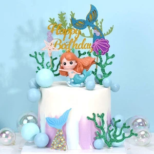 Mermaid Cake Topper Happy Birthday Cake Decoration for Boys Girls Adults Mermaid Party Supplies