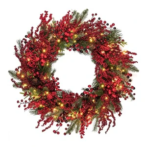 GM Christmas Wreath With Lights and Mixed Red Berry Decor for Front Door Window Fireplace Mantel Xmas Winter Holiday Decoration