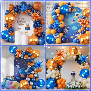 Blue Orange 4D Round & Starburst Explosion Foil Balloon Set Birthday Wedding Graduation Party Background Decor